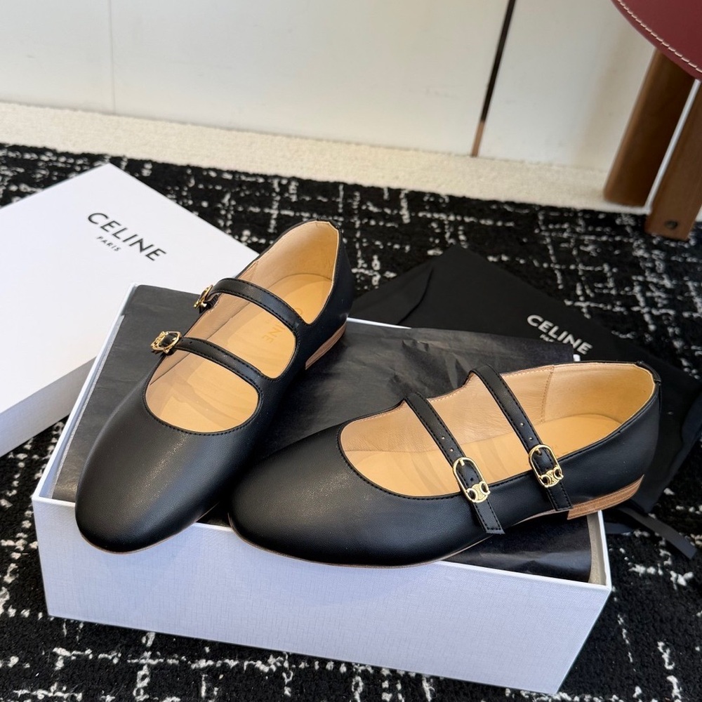 Women's CELINE Mary Jane Double Strap Leather Flats in Black with Gold Hardware - Picture 2 of 6
